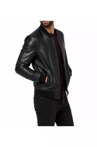 Men's black leather handcrafted genuine lambskin moto bomber jacket