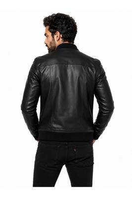 Men's black leather handcrafted genuine lambskin moto bomber jacket 3