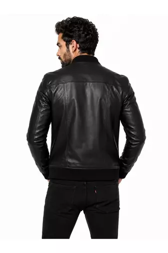 Men's black leather handcrafted genuine lambskin moto bomber jacket