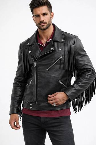 Men's black genuine leather tailored look fringer biker jacket