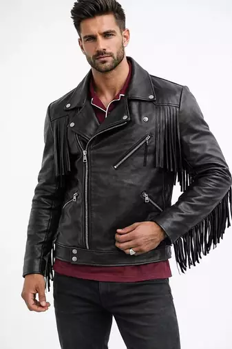 Men's black genuine leather tailored look fringer biker jacket