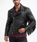 Men's black genuine leather tailored look fringer biker jacket