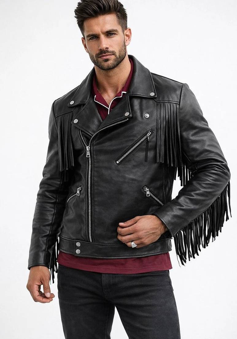 Men's black genuine leather tailored look fringer biker jacket