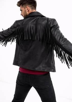 Men's black genuine leather tailored look fringer biker jacket 2