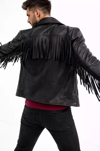 Men's black genuine leather tailored look fringer biker jacket