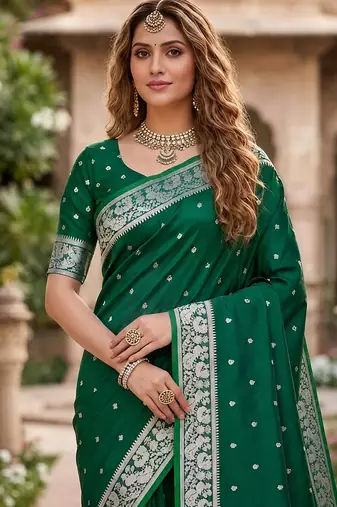 Green soft silk blend saree with zari weaving meenakari design