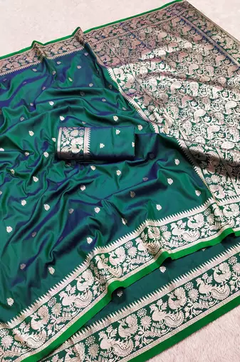 Green soft silk blend saree with zari weaving meenakari design