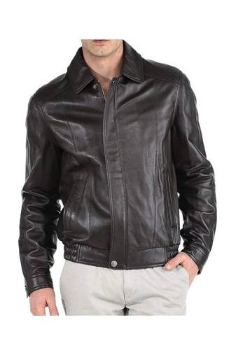 Men's black genuine leather casual 80's style bomer jacket