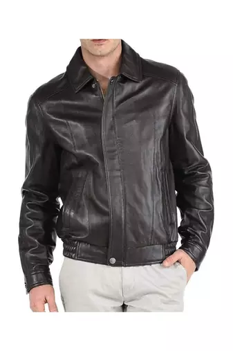 Men's black genuine leather casual 80's style bomer jacket
