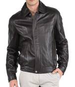 Men's black genuine leather casual 80's style bomer jacket