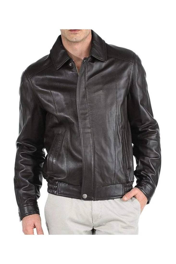 Men's black genuine leather casual 80's style bomer jacket