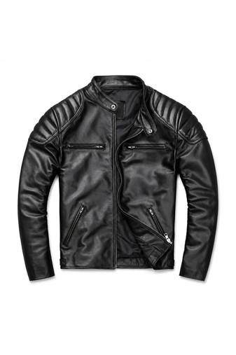 Men's black leather minimal design real lambskin moto biker jacket