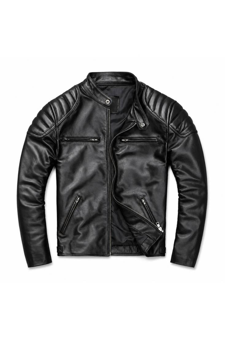 Men's black leather minimal design real lambskin moto biker jacket