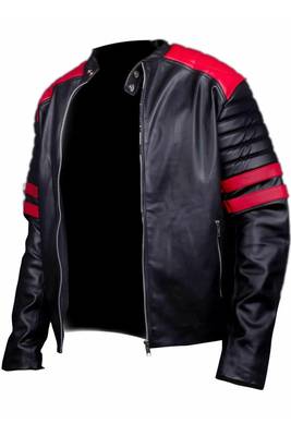 Men's black leather premium quality red strip moto biker jacket 1