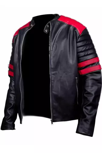 Men's black leather premium quality red strip moto biker jacket