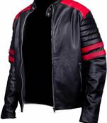 Men's black leather premium quality red strip moto biker jacket