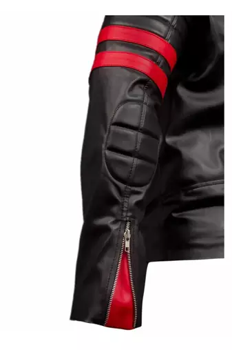 Men's black leather premium quality red strip moto biker jacket
