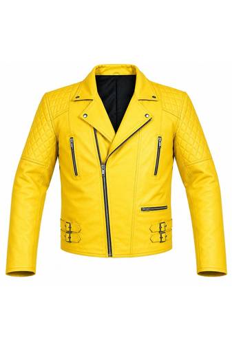 Men's yellow genuine leather designer style moto biker jacket