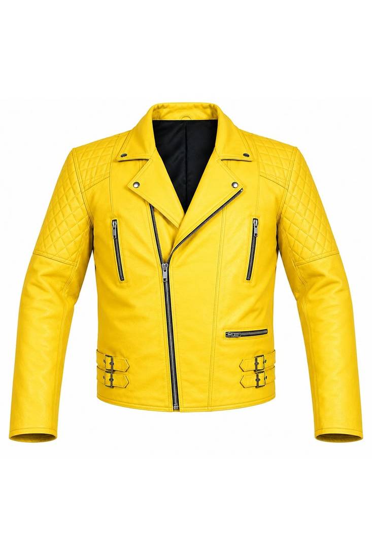 Men's yellow genuine leather designer style moto biker jacket