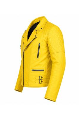 Men's yellow genuine leather designer style moto biker jacket 2