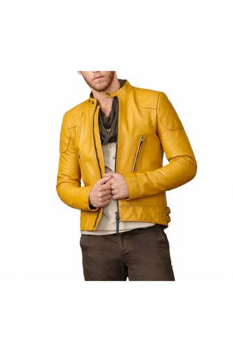 Men's yellow leather genuine lambskin iconic look biker jacket