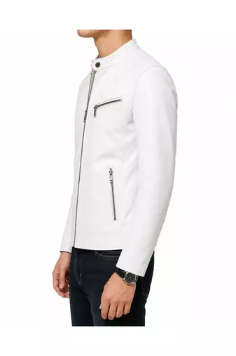 Men's white genuine leather urban fashion casual jacket