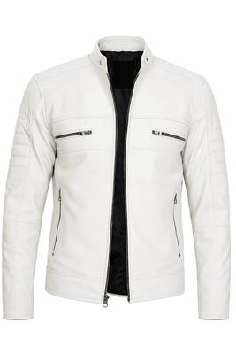 Men's white genuine leather daily wear biker jacket 1