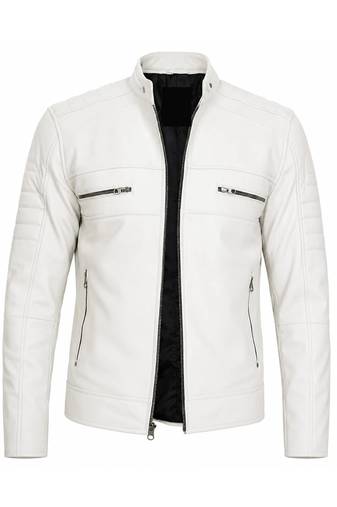 Men's white genuine leather daily wear biker jacket