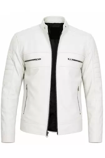 Men's white genuine leather daily wear biker jacket