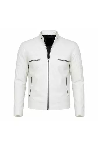 Men's white genuine leather daily wear biker jacket