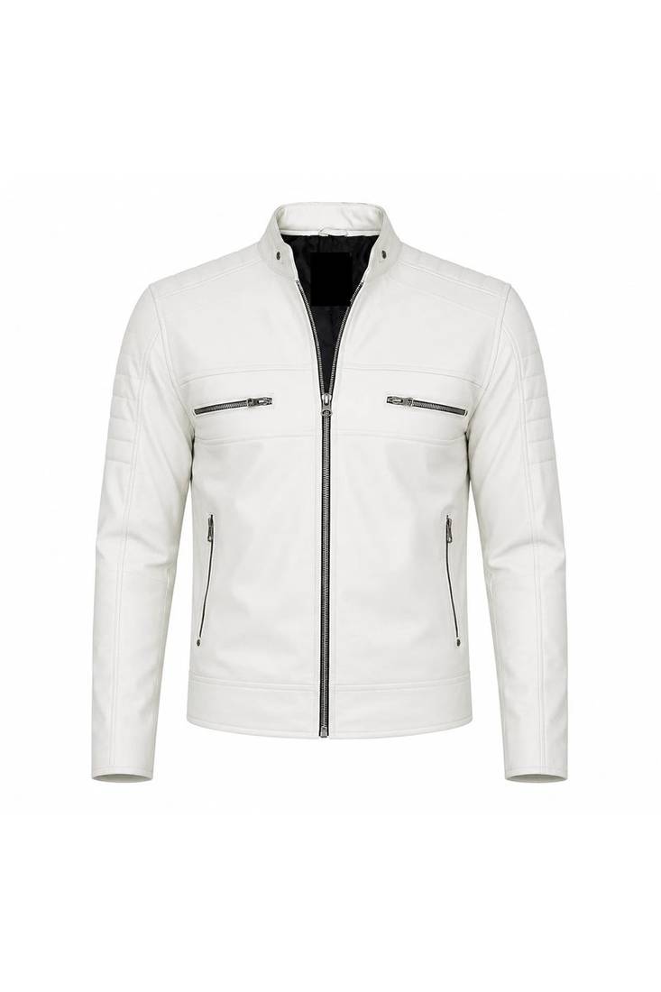 Men's white genuine leather daily wear biker jacket