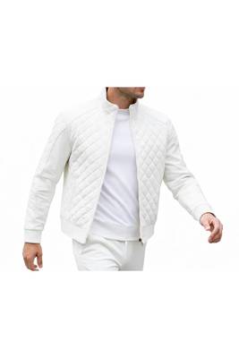 Men's white quilted genuine leather classic design biker jacket 2