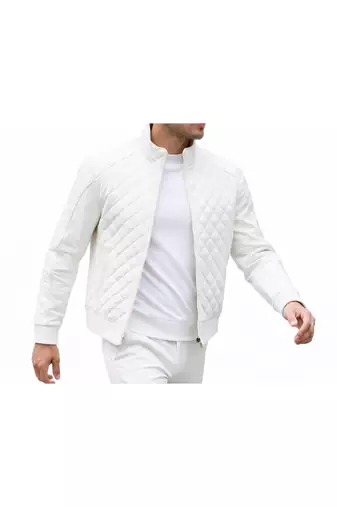 Men's white quilted genuine leather classic design biker jacket