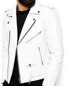 Men's white genuine leather premium finish moto biker jacket