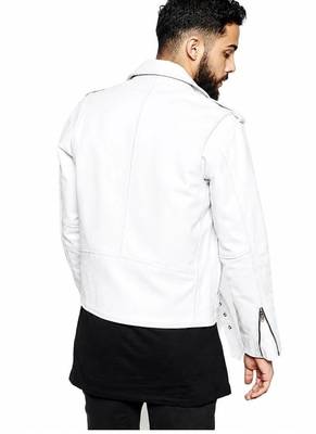 Men's white genuine leather premium finish moto biker jacket 2