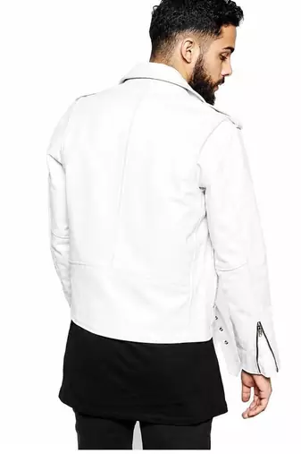 Men's white genuine leather premium finish moto biker jacket