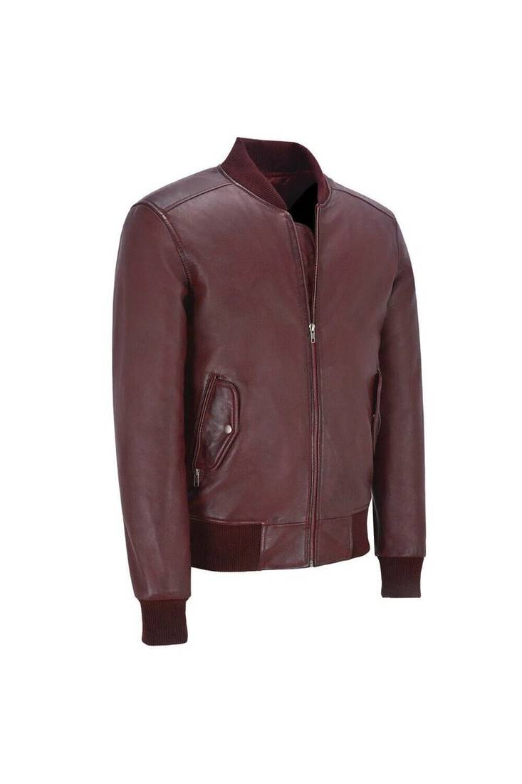 Men's burgundy genuine leather fashion outerwear bomber biker jacket