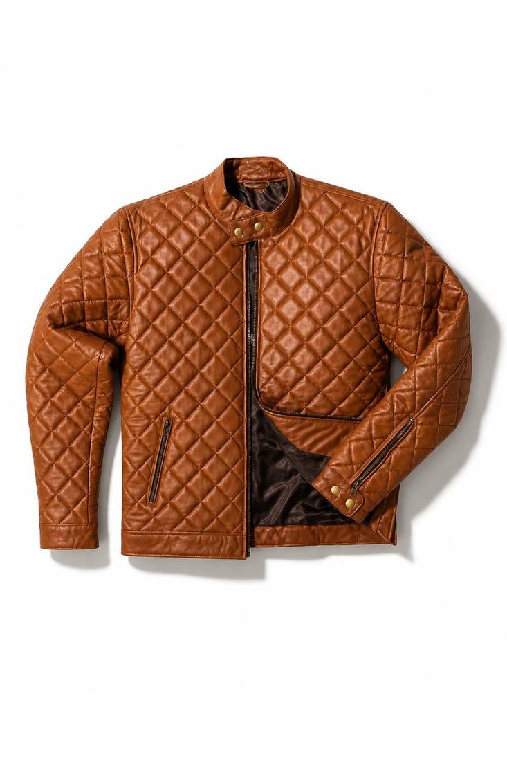 Men's tan quilted leather casual style biker jacket