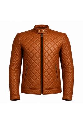 Men's tan quilted leather casual style biker jacket 2