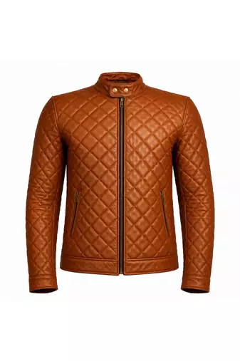 Men's tan quilted leather casual style biker jacket
