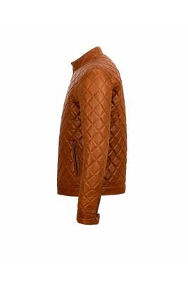 Men's tan quilted leather casual style biker jacket 3