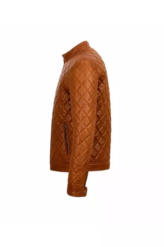 Men's tan quilted leather casual style biker jacket