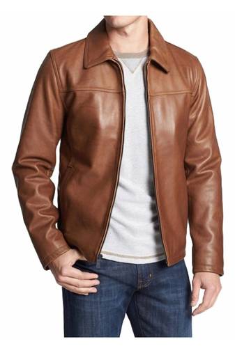 Men's tan genuine leather daily wear casual style biker jacket