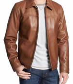Men's tan genuine leather daily wear casual style biker jacket