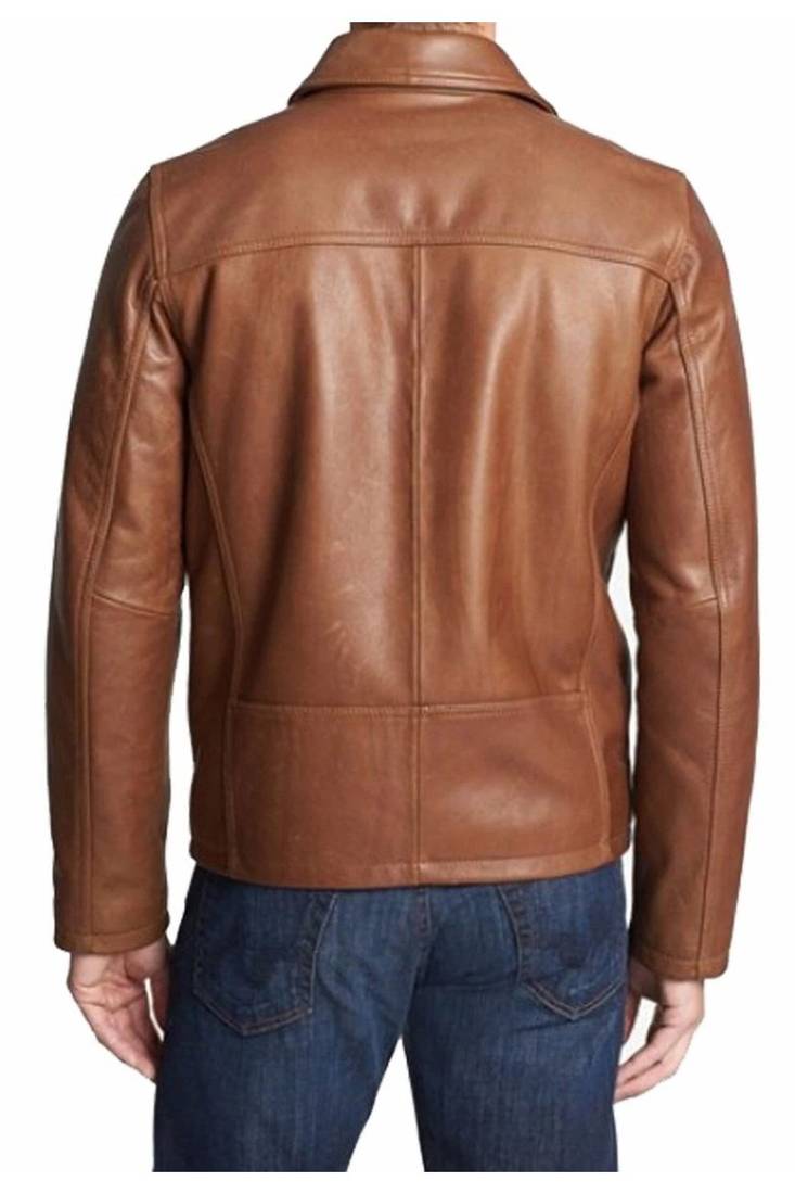 Men's tan genuine leather daily wear casual style biker jacket