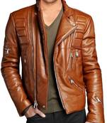 Men's tan lambskin leather modern fit quilted moto biker jacket