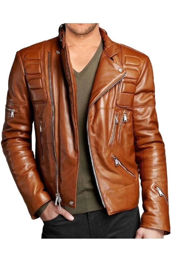 Men's tan lambskin leather modern fit quilted moto biker jacket
