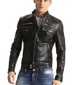 Men's  black genuine leather handcrafted moto biker jacket