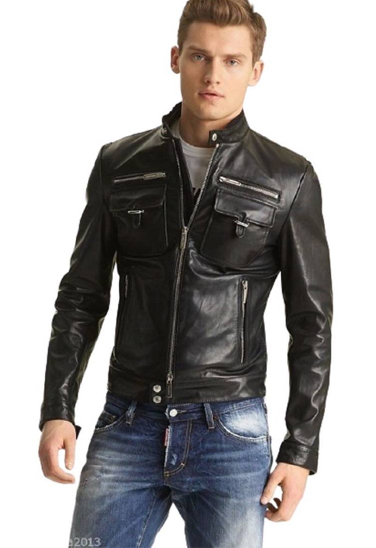 Men's  black genuine leather handcrafted moto biker jacket