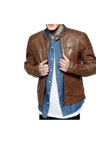 Men's brown genuine leather tailored look moto biker jacket